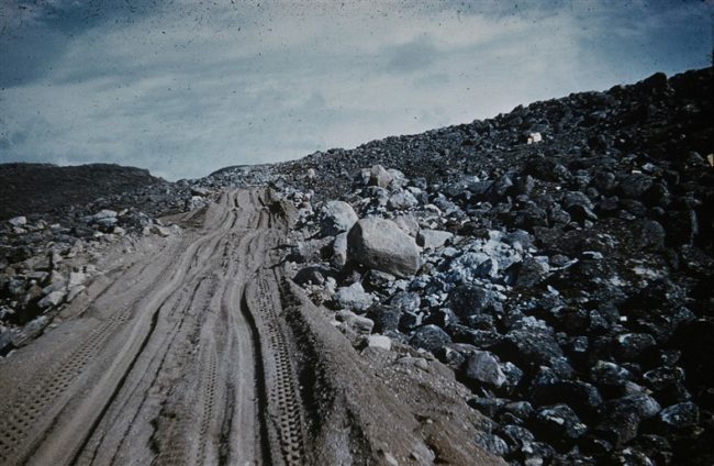 Main road from the airstrip to the station under construction. May 1955.