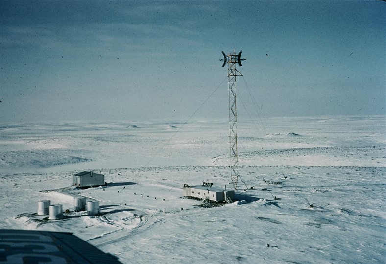 Aerial photo of the completed site with its 150 foot Dopplar tower. April 1957.