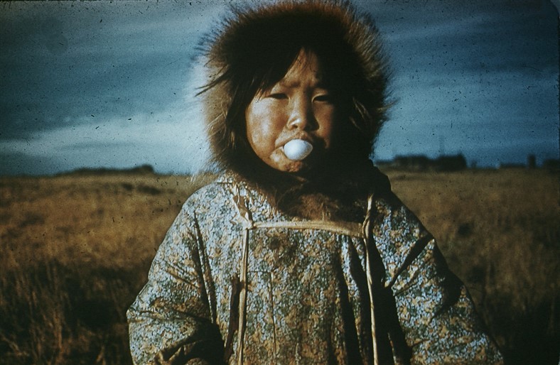 While not a construction worker, I couldn't resist including this picture of a young Eskimo (Inuit) with bubble gum. Circa 1955.