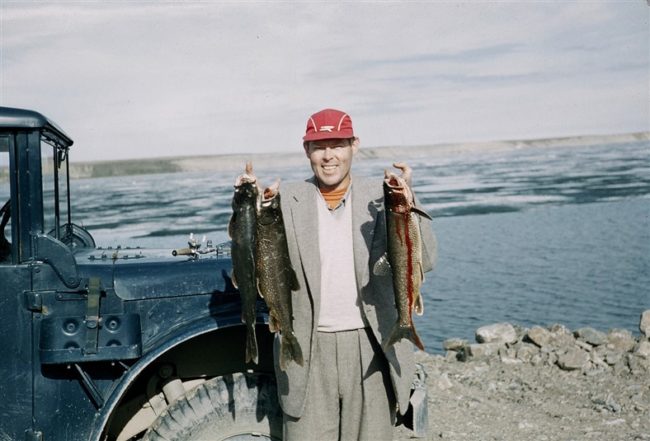 M. S. Cheever with the three trout he caught in 15 minutes. August 1956.