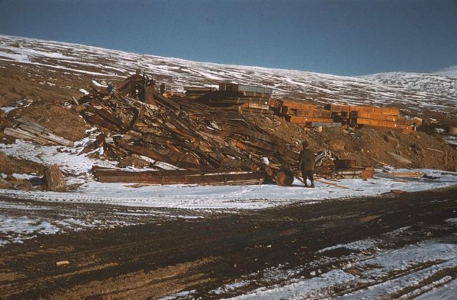 Hanger material destroyed by fire in the Lower camp. April 1956.