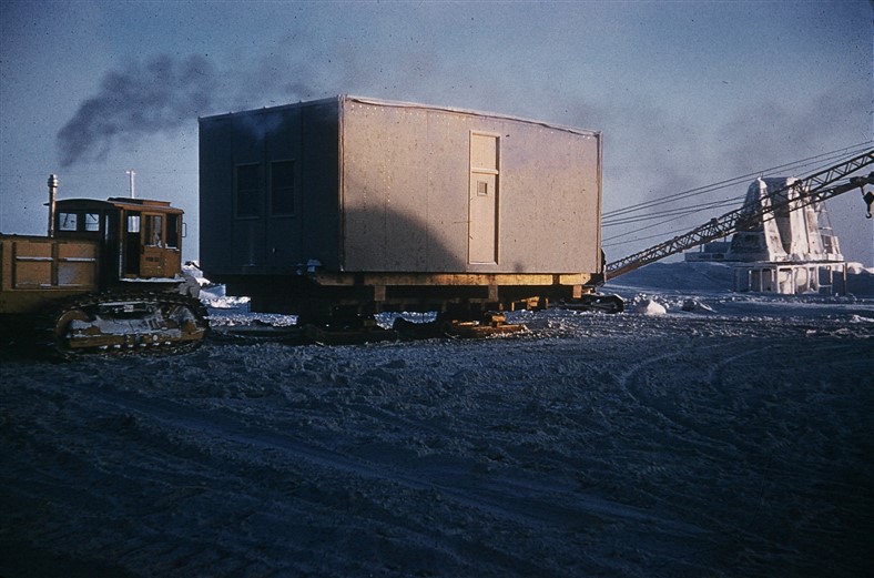 An assembled module ready to be moved to the module train. Feb 1955.