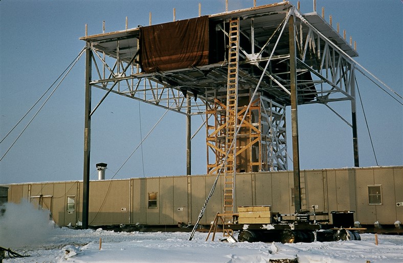 Close-up view of the platform that will ultimately hold the radar antennas and radome. March 1956.