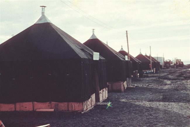 The construction camp, living quarters for the workers. July 1953.