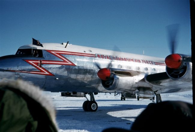Governor General Vincent Massey's visit in 1956. Note the dignitary flag near the cockpit of the GG's RCAF North Star aircraft. March 1956.