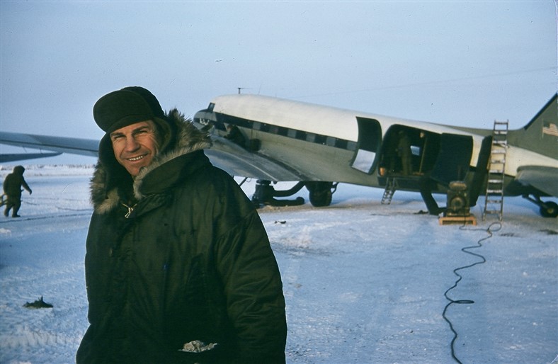 Jim Magoffin. Notice the Herman Nelson heater warming up the interior of the DC-3 in the background. Feb 1955.