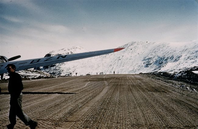 DC-3 CF-BZN on the airstrip looking Southeast. May 1957.