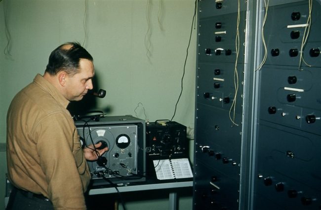 Norm Weible conducting equipment tests. Aug 1953.