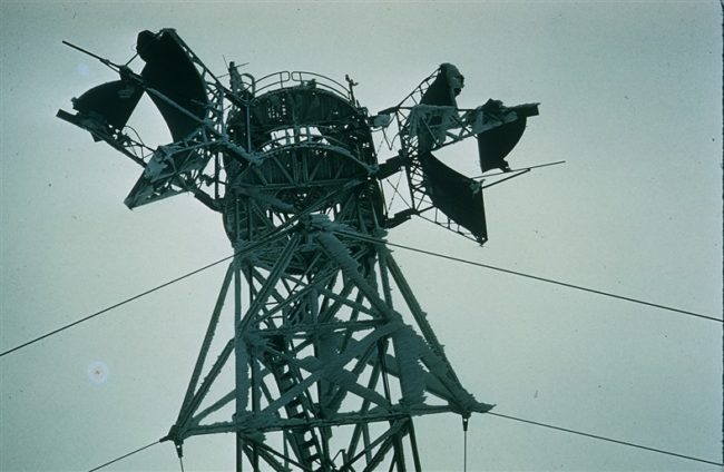 Rime ice on the Dopplar antenna tower in mid-summer. Aug 1957.