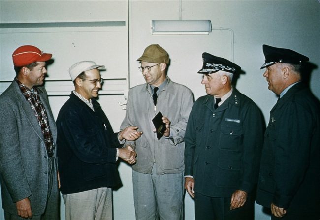 L to R: M. S. Cheever, Vince Buttigieg (receiving an award for bravery), Alexander, Gen Twinning, BGen Wray. Sept 1956.