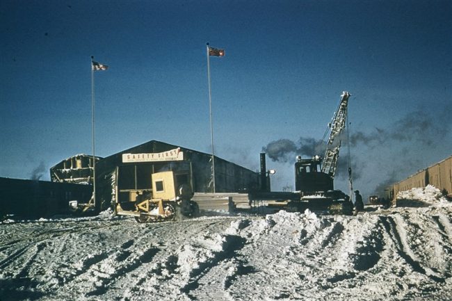 The erection tent with its safety sign. This is where the modules were constructed. March 1956.